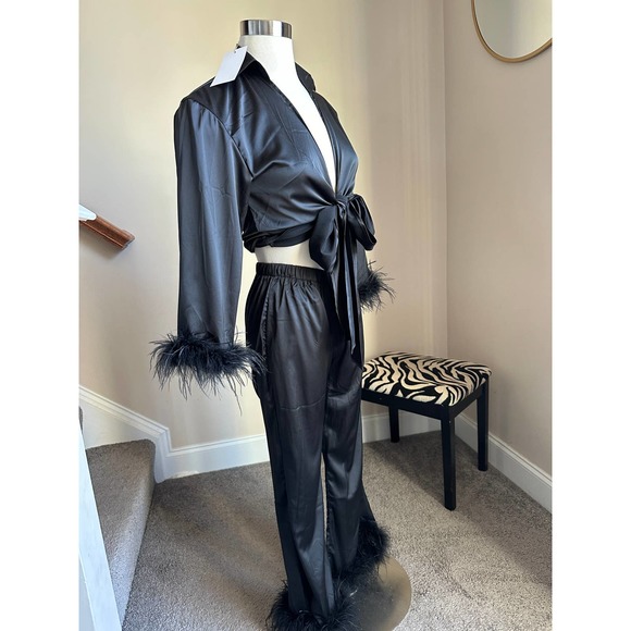 Black satin feather trim top and feather trim pants set (2 pcs) size small NWT - Picture 3 of 15